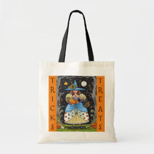 FOLK ART WITCH, SPOOKY, SCHWARZ CAT-Trick oder Beh Tragetasche