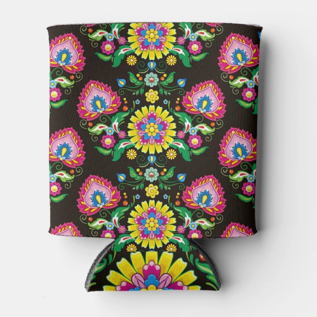 Folk blühend Muster: Retro-farbige Fliesen Dosenkühler (Vorderseite)