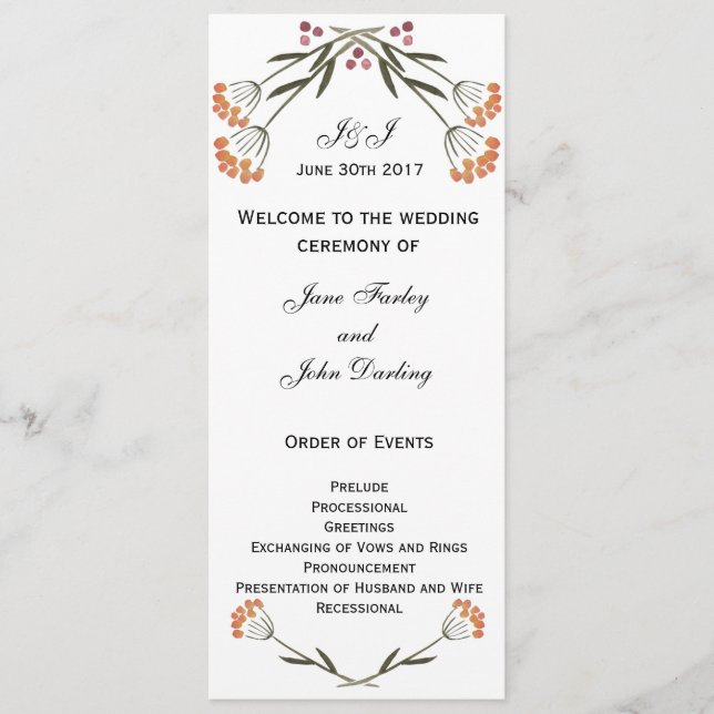 Folk-Blume-Hochzeitsprogramm Programm (Vorderseite)