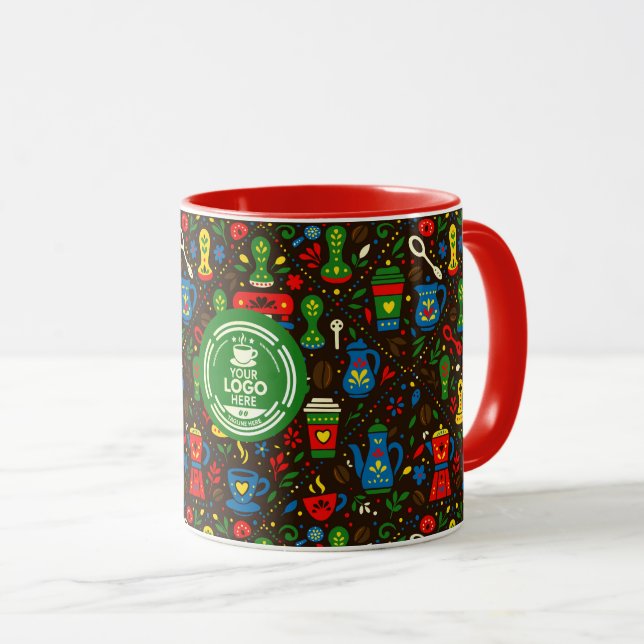Folk coffee logo badge on colorful barista pattern tasse (VorderseiteRechts)