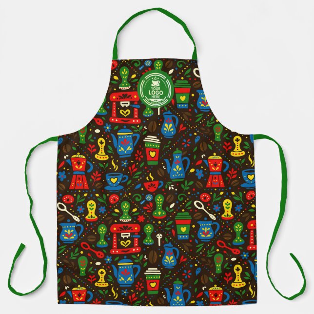 Folk coffee tools — emerald, red & cobalt on black schürze (Vorderseite)