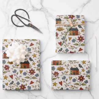 Folk Cottage Hearts Garden Pattern Geschenkpapier Set