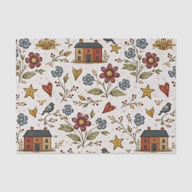 Folk Cottage Hearts Gartenmuster Seidenpapier (Vorderseite)