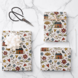 Folk-Cottage-Herzen-Gartenmuster Geschenkpapier Set