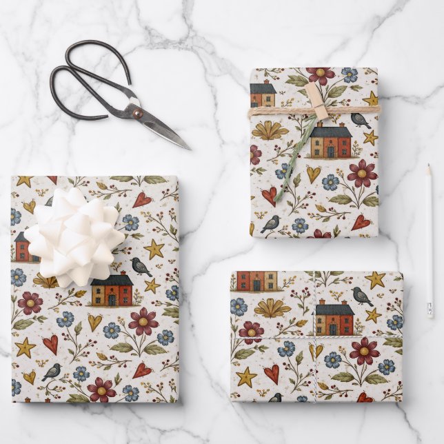 Folk-Cottage-Herzen-Gartenmuster Geschenkpapier Set (Vorderseite)