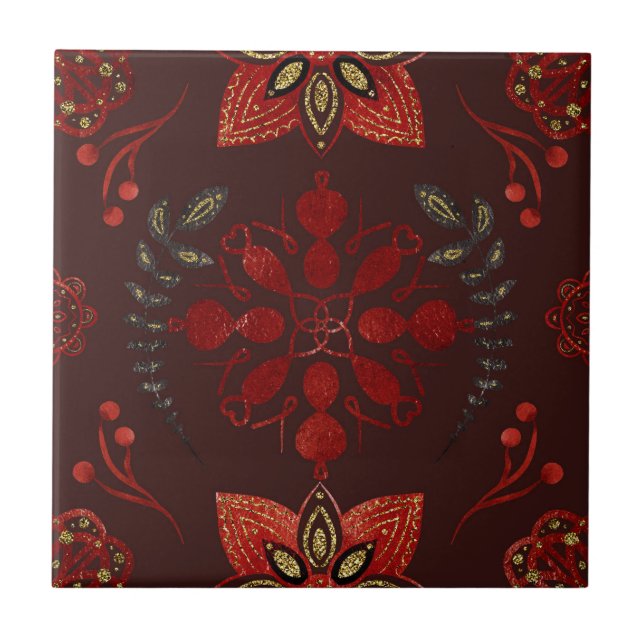 Folk Deep Red Nordic Art Fliese (Vorderseite)