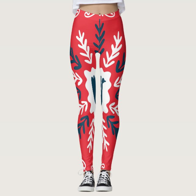 Folk Doodle Art Christmas Tile Leggings (Vorderseite)