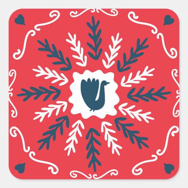 Folk Doodle Art Christmas Tile Quadratischer Aufkleber (Vorderseite)