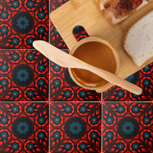 Folk Ethnic Red Black Blue Floral Muster Fliese