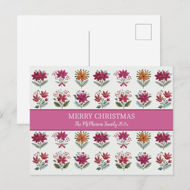 Folk Floral Christmas  Feiertagspostkarte (Vorne/Hinten)