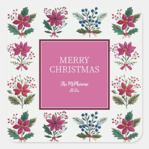 Folk Florals Weihnachten Quadratischer Aufkleber