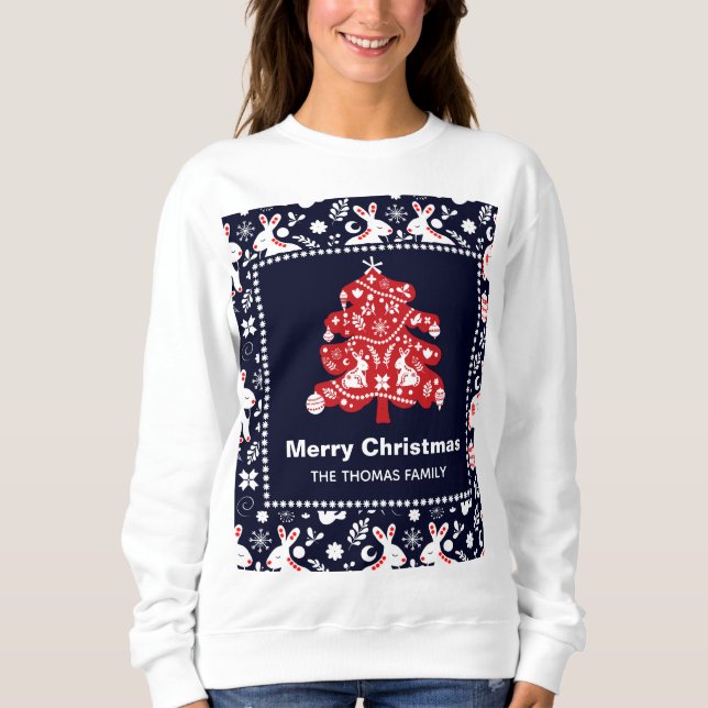Folk Navy Red Christmas Tree Bunny Floral Sweatshirt (Vorderseite)