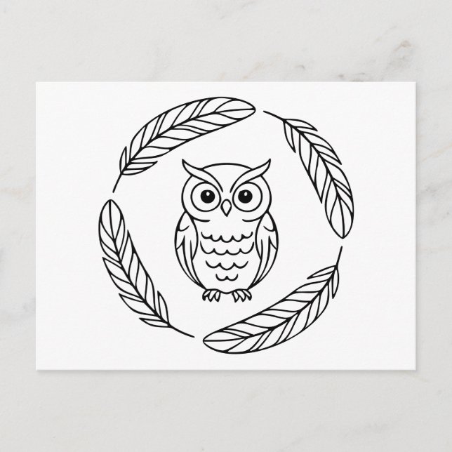 Folk Owl Line Kunst umgeben von Federn Postkarte (Vorderseite)
