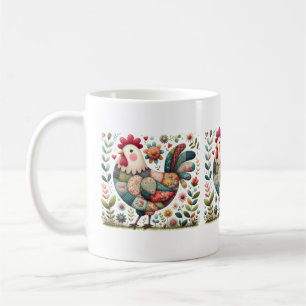 Folk- Patchwork-Hahn mit floralen Akzenten Kaffeetasse