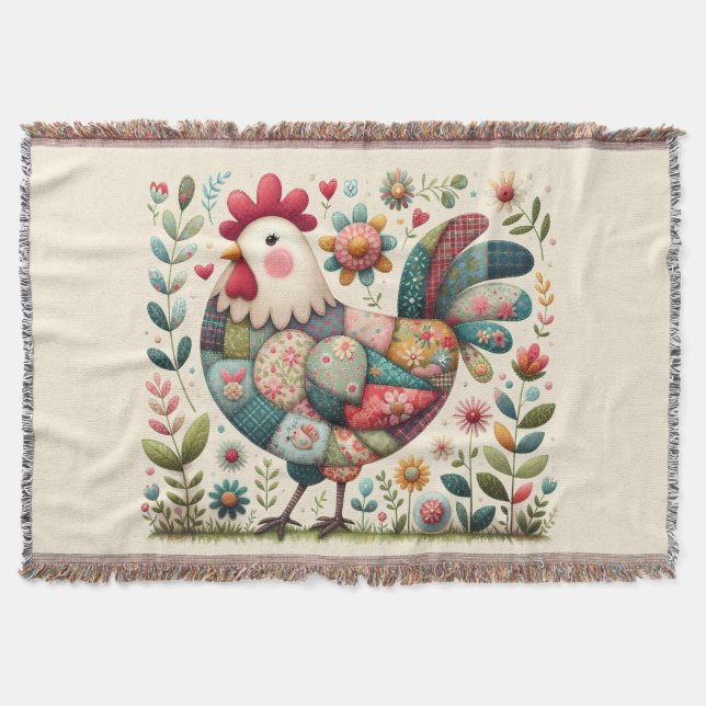 Folk Patchwork Rooster with Floral Accents Decke (Vorderseite)