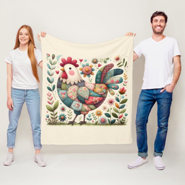 Folk Patchwork Rooster with Floral Accents Fleecedecke (Beispiel)