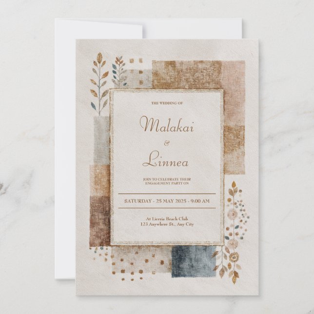 Folk Patchwork Rustische Hochzeit Einladung (Vorderseite)