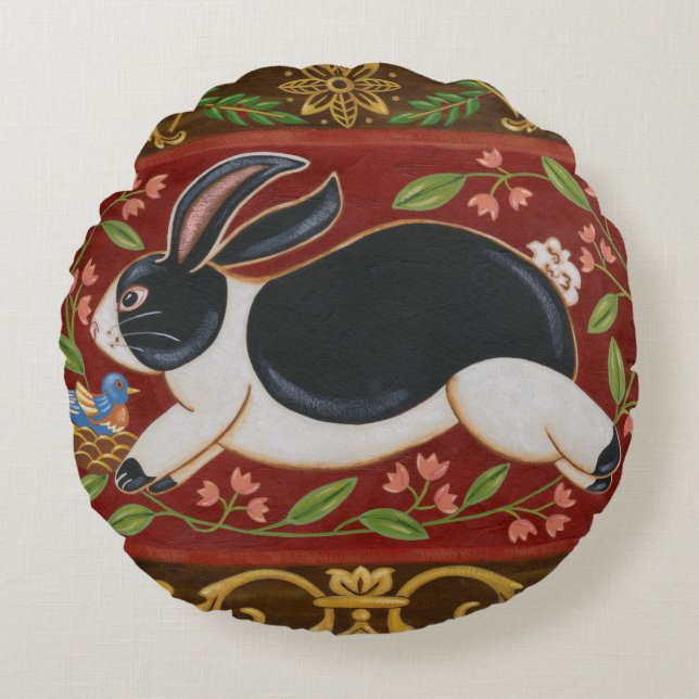 Folk Rabbit Rundes Kissen (Vorderseite)