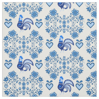 Folk Rooster/Cockerel /blau floral, Herzen 4" Stoff