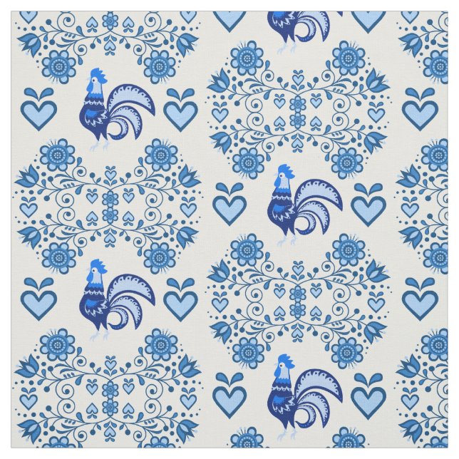 Folk Rooster/Cockerel /blau floral, Herzen 4" Stoff (Muster)