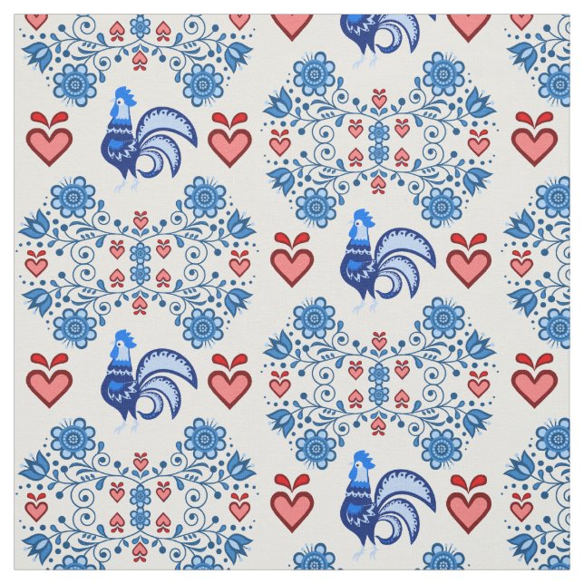 Folk Rooster/Cockerel/blau/rot-floral, Herzen 4" Stoff (Muster)