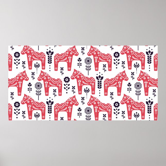 Folk schwedisches Pferd floral nahtlos Muster. Poster (Vorne)