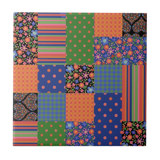 Folkart Art Imitate Patchwork Keramik Tile Fliese (Vorderseite)