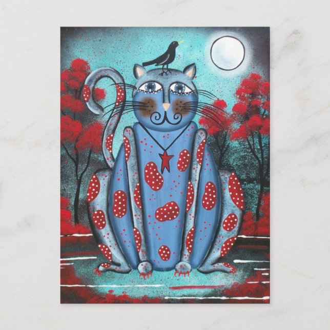 FOLKART Blue Cat BY LORI EVERETT Postkarte (Vorderseite)