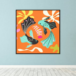Folkart Boho Stücke Fische Abstrakt Zodiac Leinwanddruck