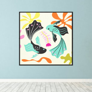 Folkart Boho Stücke Fische Abstrakt Zodiac Leinwanddruck