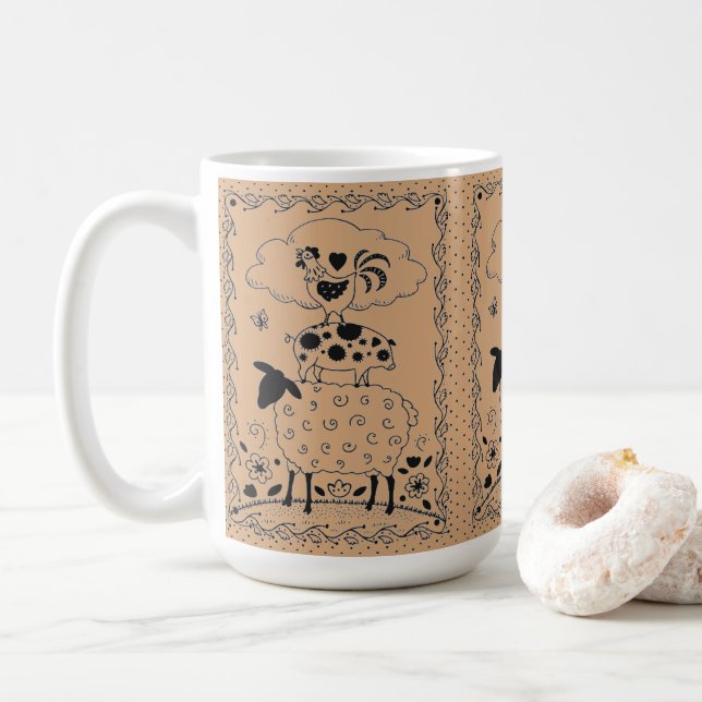 FOLKART LANDTIERE SCHAFENSCHAFT ROOSTER Primitiv Kaffeetasse (Mit Donut)