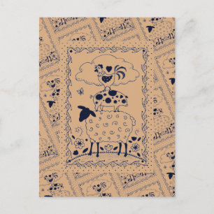 FOLKART LANDTIERE SCHAFENSCHAFT ROOSTER Primitiv Postkarte