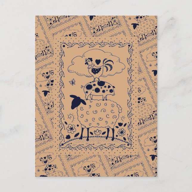 FOLKART LANDTIERE SCHAFENSCHAFT ROOSTER Primitiv Postkarte (Vorderseite)