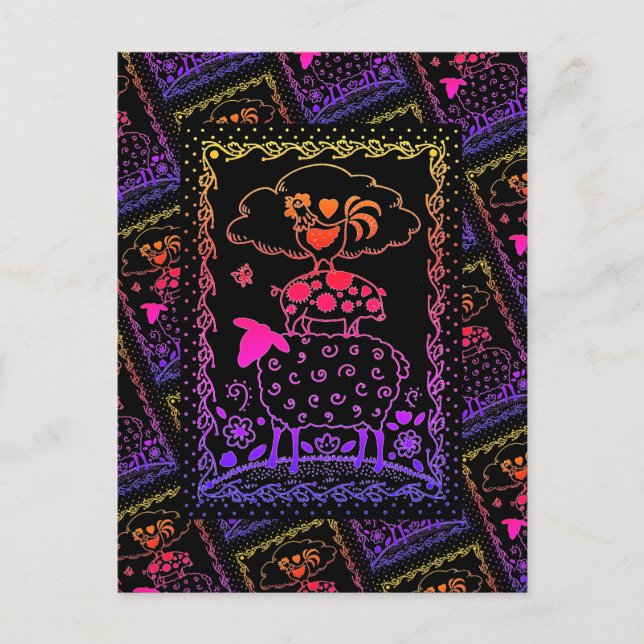 FOLKART LANDTIERE SCHAFENSCHAFT ROOSTER Primitiv Postkarte (Vorderseite)