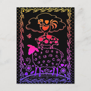 FOLKART LANDTIERE SCHAFENSCHAFT ROOSTER Primitiv Postkarte