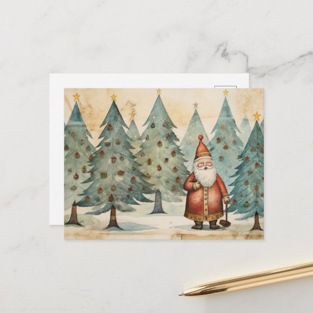 Folkart Santa in einem Weihnachtsbaumwald Postkarte (Vorderseite/Rückseite Beispiel)