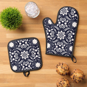 Folkflorale Navy White Nordic Muster Ofenhandschuh & Topflappen-Set