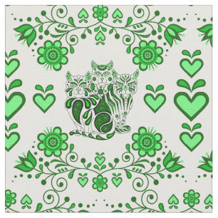 Folkkatze/Blume/Herzkalkkatzen, grüne Drucke 4 Stoff