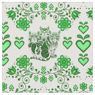 Folkkatze/Blume/Herzkalkkatzen, grüne Drucke 4 Stoff