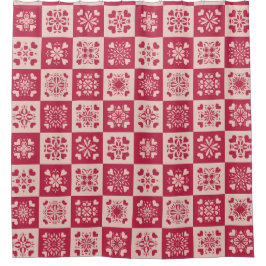 Folkkunst Gestricktes Herzmuster Rot und Rosa Duschvorhang