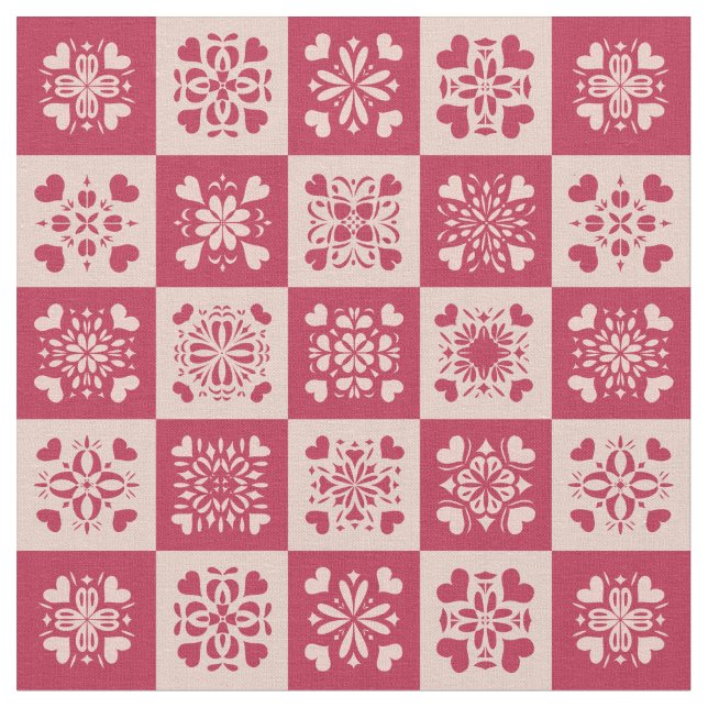 Folkkunst Gestricktes Herzmuster Rot und Rosa Stoff (Nahaufnahme)