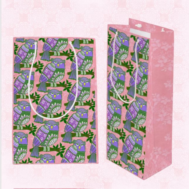 Folkkunst Owl Lila Rosa Geschenktüte Für Weinflaschen (Von Creator hochgeladen)