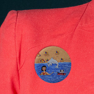 Folkkunstlerin Cat Beach Dolphin Schwimmen Button