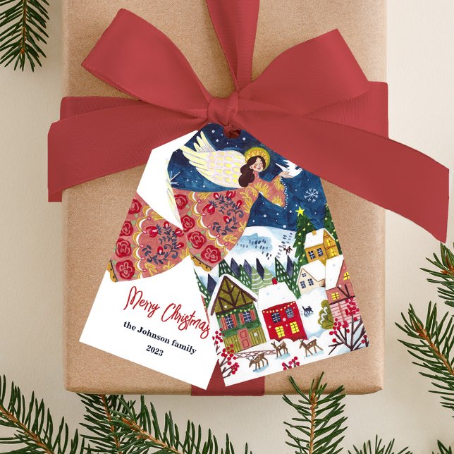 Folklore Art Engel Weltfrieden Weihnachten Geschenkanhänger (Christmas angel peace on earth Christmas wrapping Gift tag)