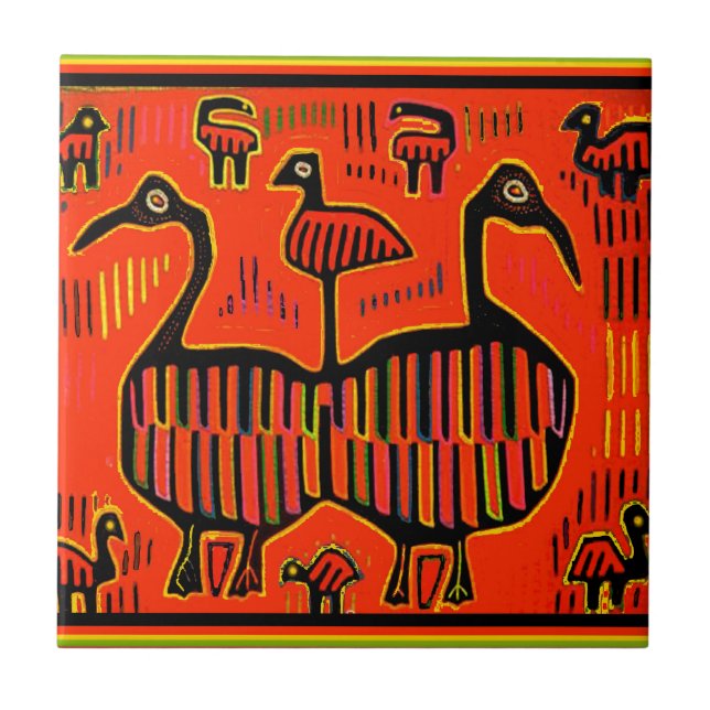 Folklore Art farbenfrohe Vögel Fliese (Vorderseite)