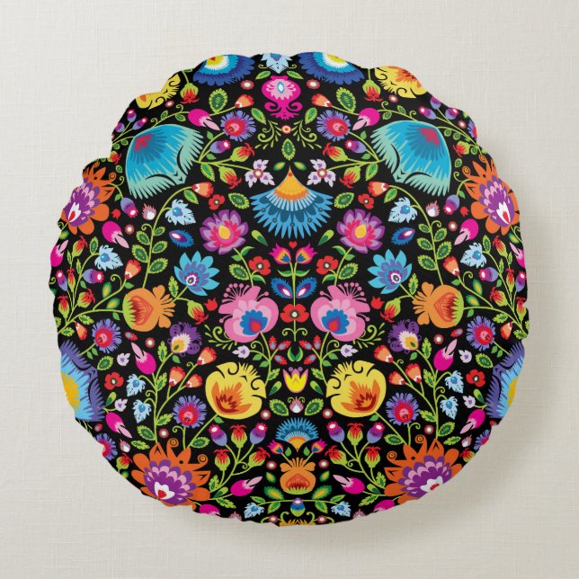 Folklore Blume Wycinanki Rundes Kissen (Vorderseite)