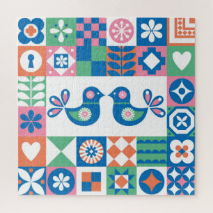 Folklore-Blumenkarte: Skandinavisches Design. Puzzle