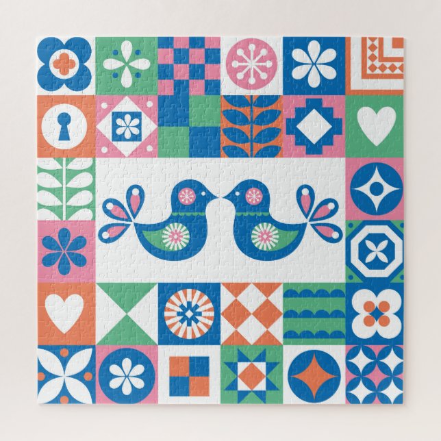Folklore-Blumenkarte: Skandinavisches Design. Puzzle (Vertikal)