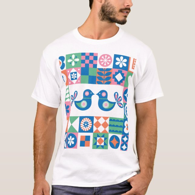 Folklore-Blumenkarte: Skandinavisches Design. T-Shirt (Vorderseite)