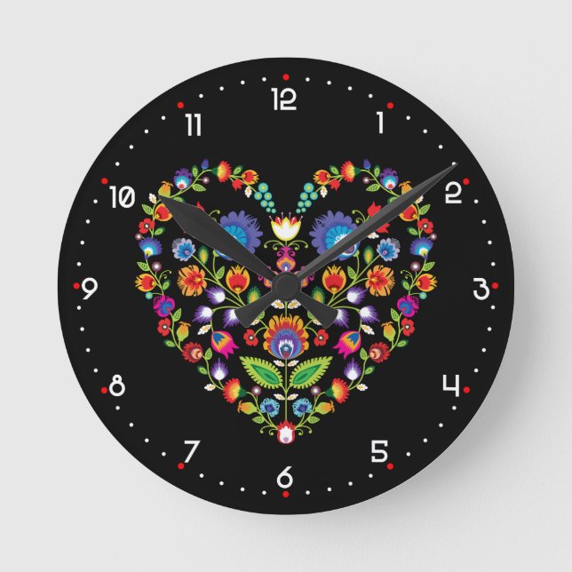Folklore-Herz, Wycinanki-Stil Runde Wanduhr (Vorderseite)